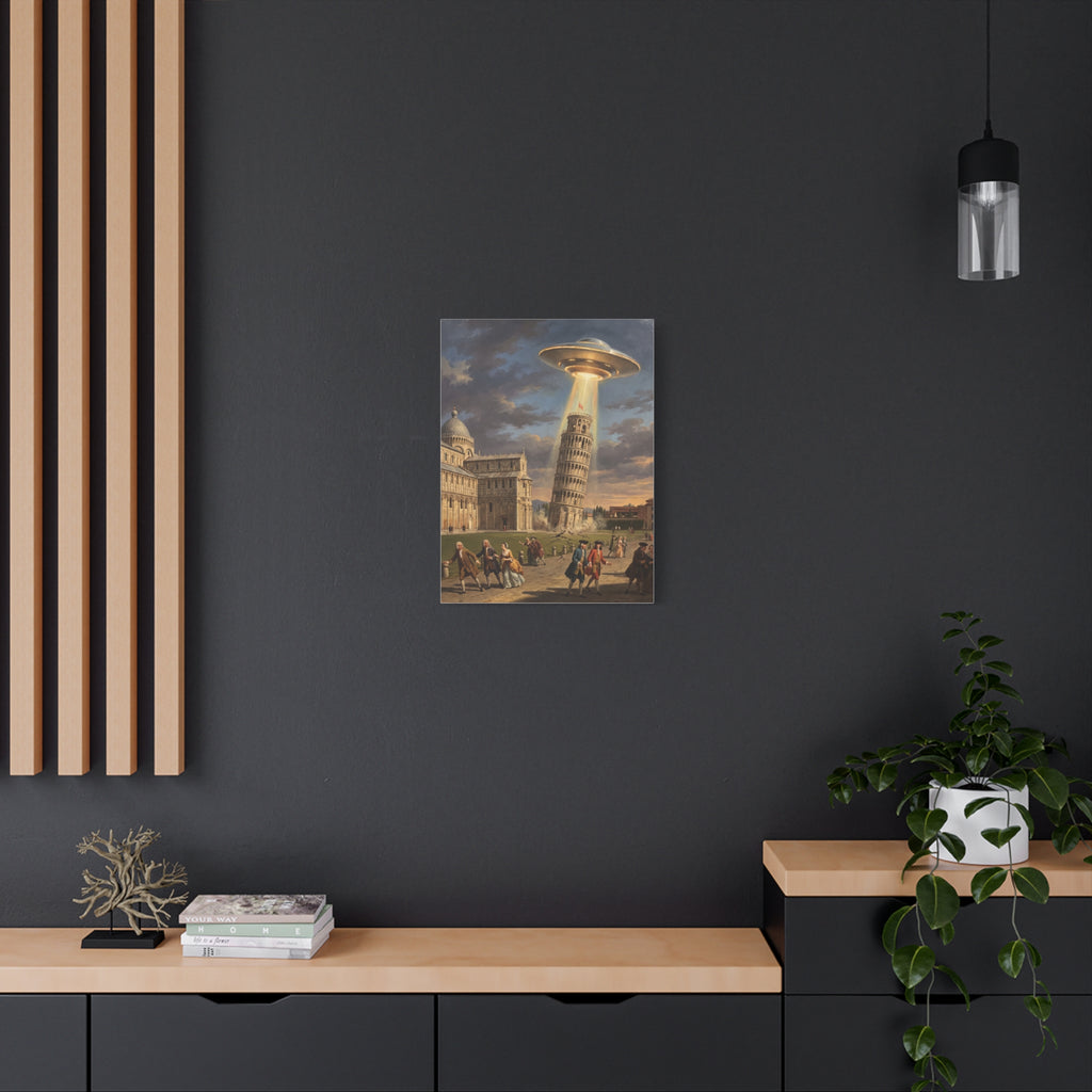 Square canvas wall art with a UFO above the Leaning Tower and figures walking through piazza