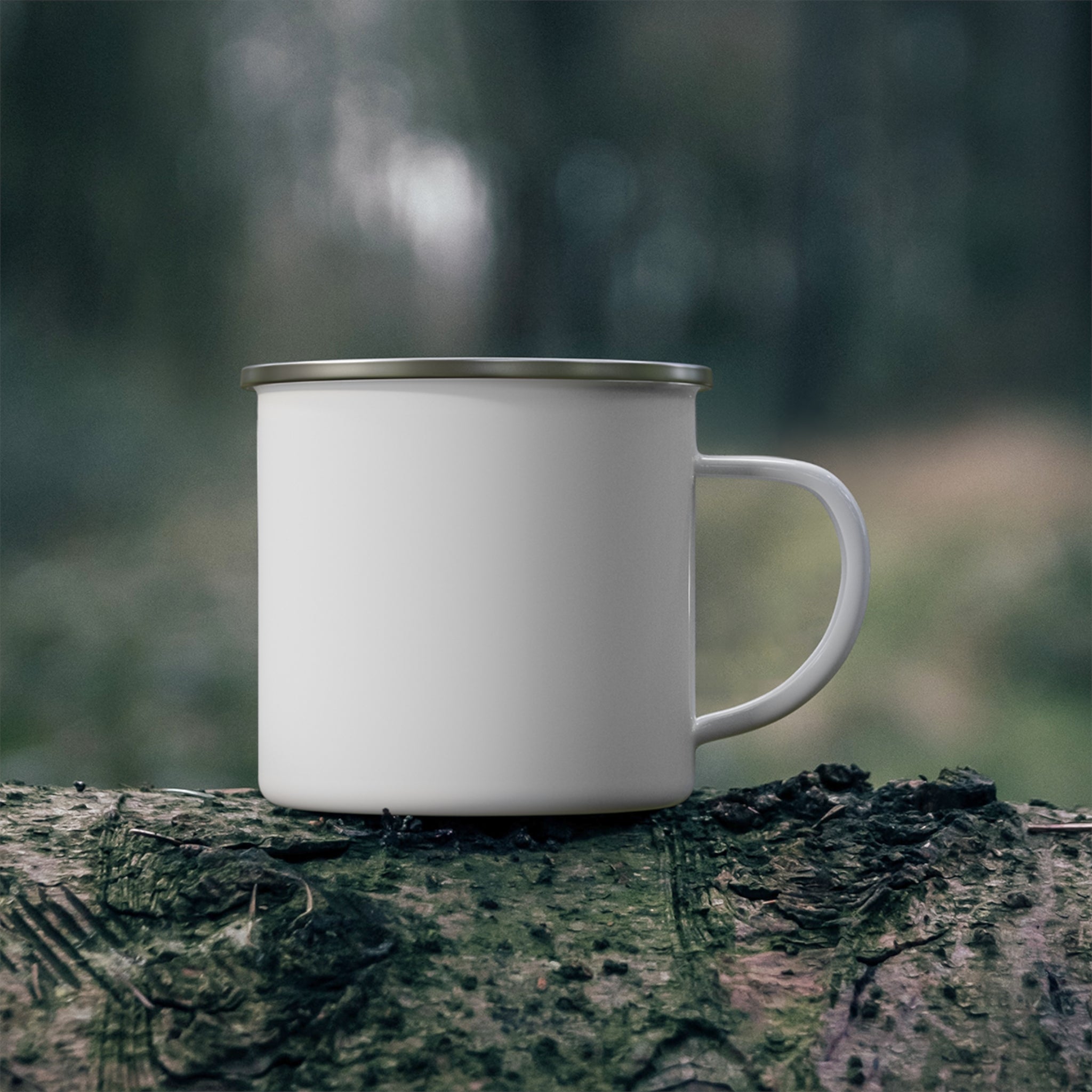 White ceramic mug with curved handle and gray rim, no visible print