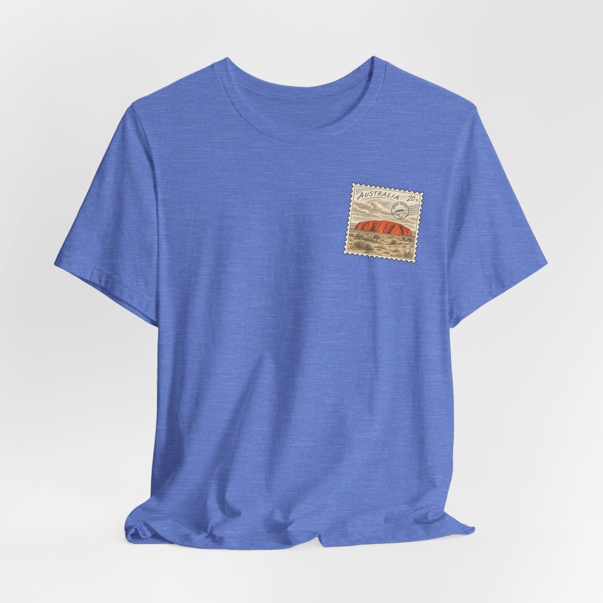 Blue heather travel T-shirt with small Australia postage-stamp graphic on left chest