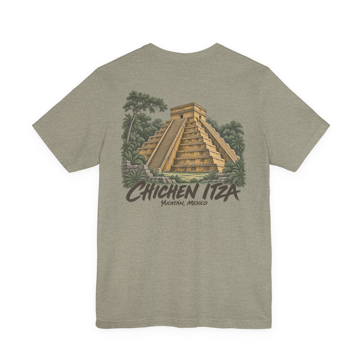 Heather gray t-shirt with Chichen Itza pyramid and palm graphic across chest
