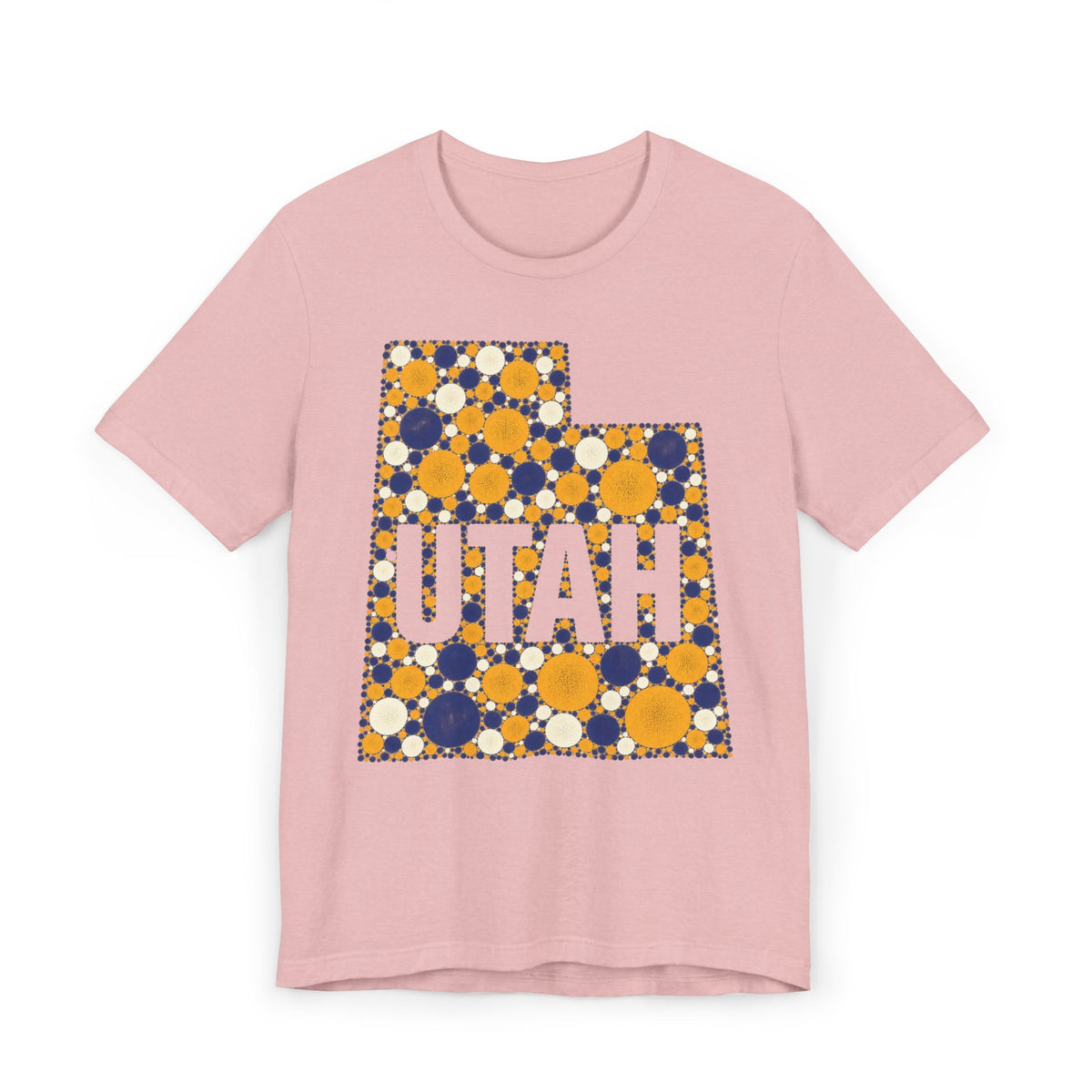 Polka dot Utah graphic t-shirt with UTAH text, blue and yellow on pink