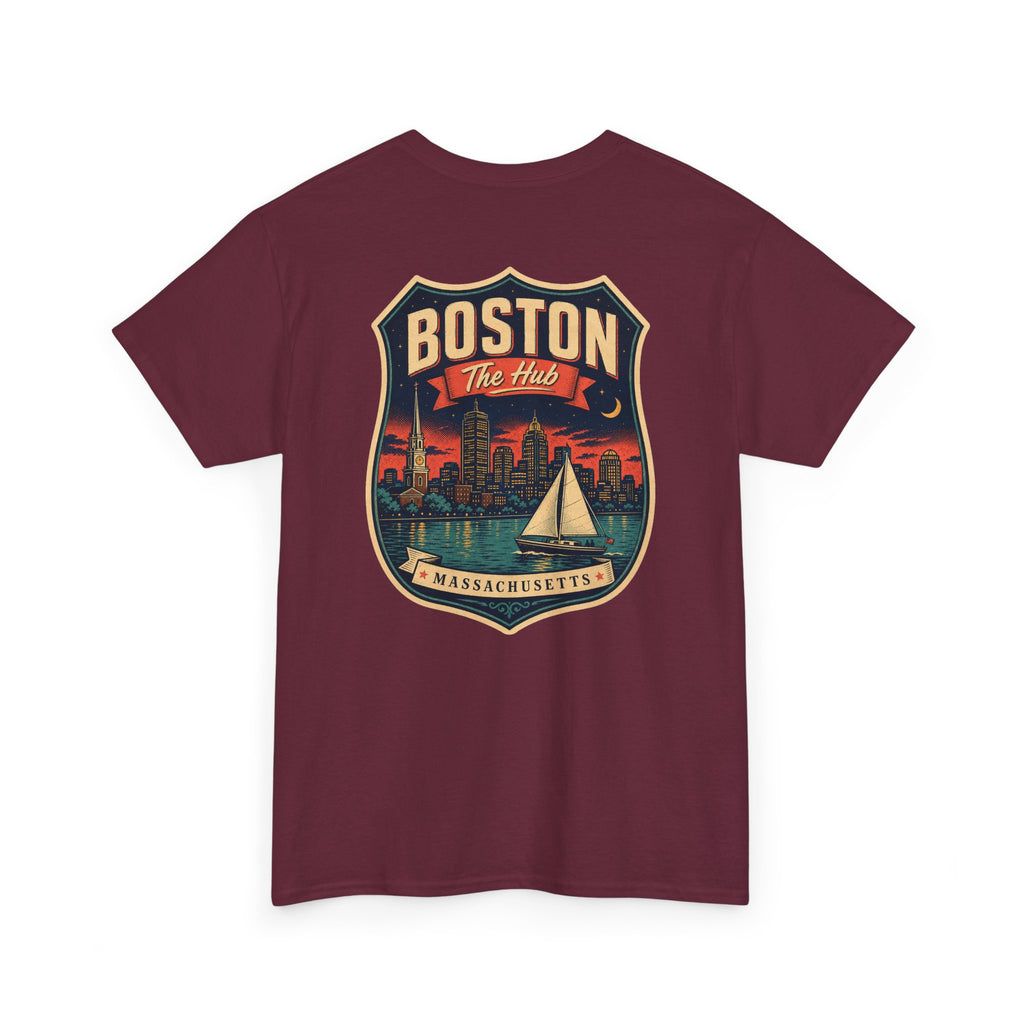 Maroon city badge graphic T-shirt with sailboat and skyline crest