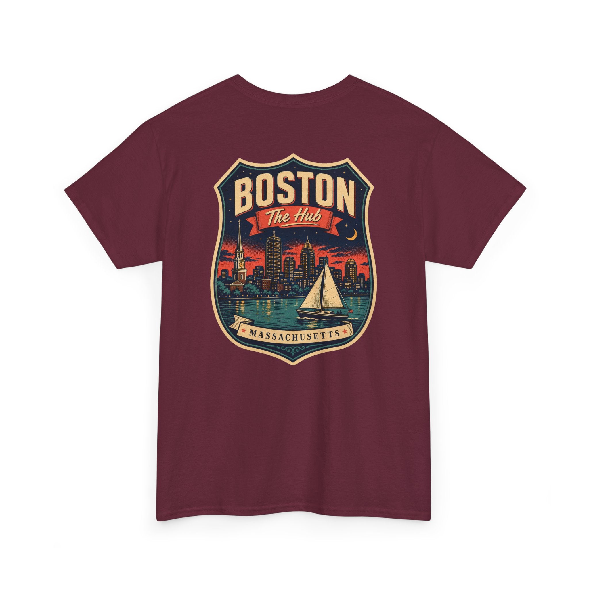 Maroon city badge graphic T-shirt with sailboat and skyline crest
