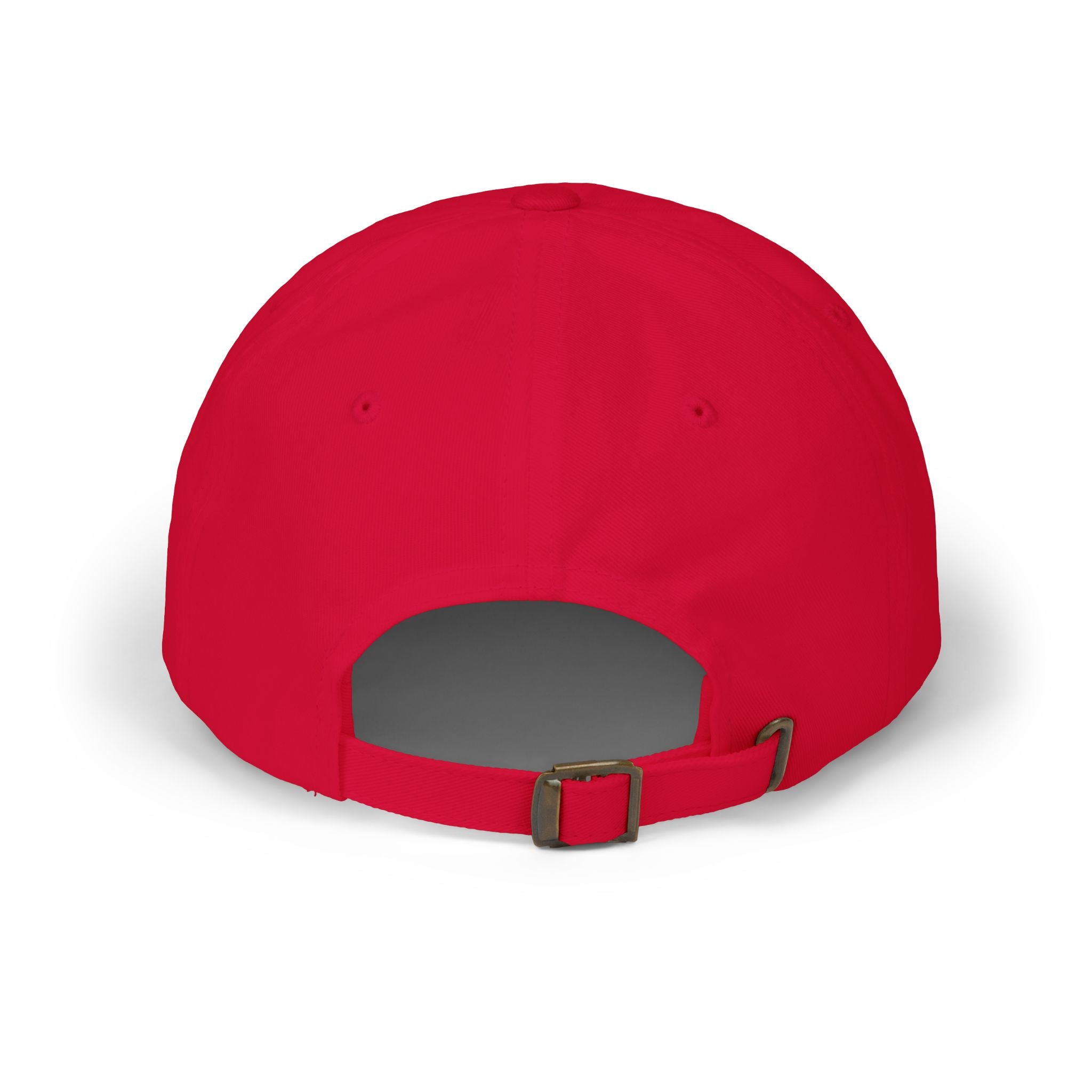 Red dad baseball cap with curved brim and adjustable back strap