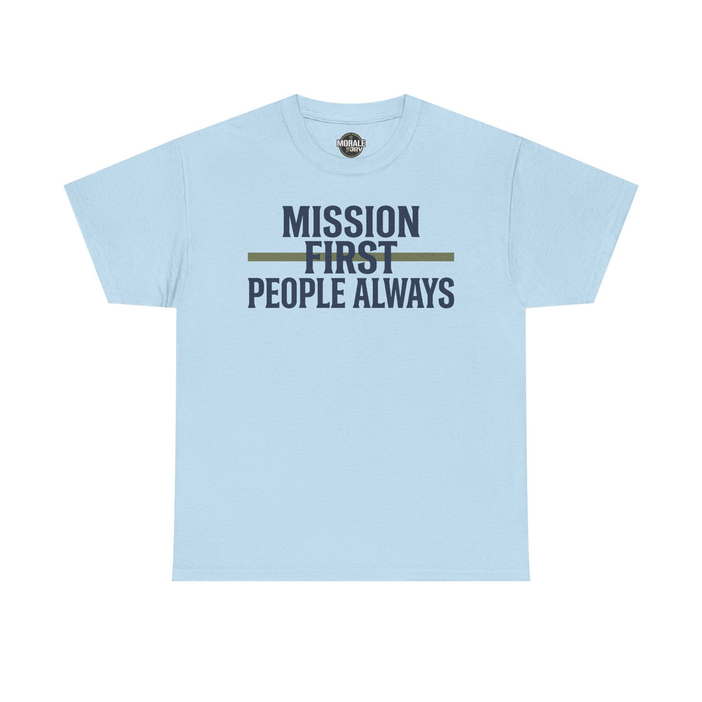 Light blue T-shirt with “Mission First People Always” slogan graphic at chest