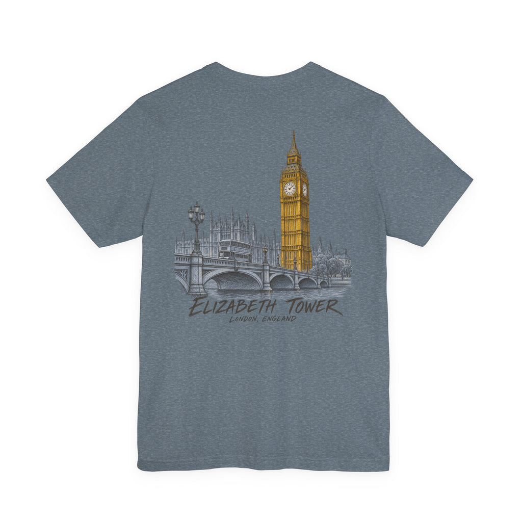 Heather gray travel T-shirt with Elizabeth Tower skyline graphic on chest