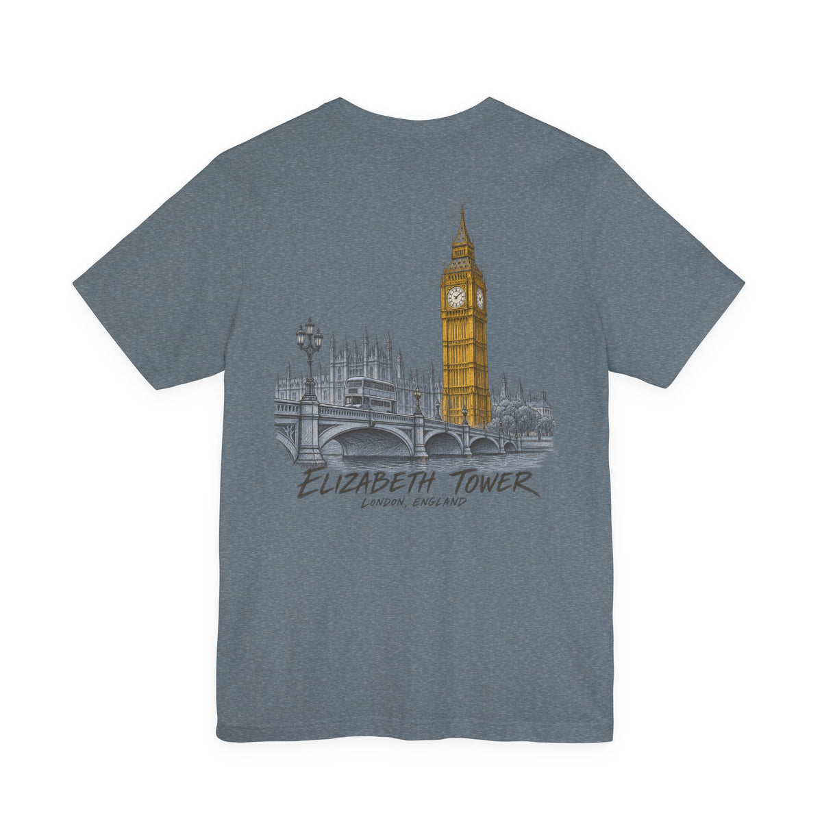 Heather gray travel T-shirt with Elizabeth Tower skyline graphic on chest