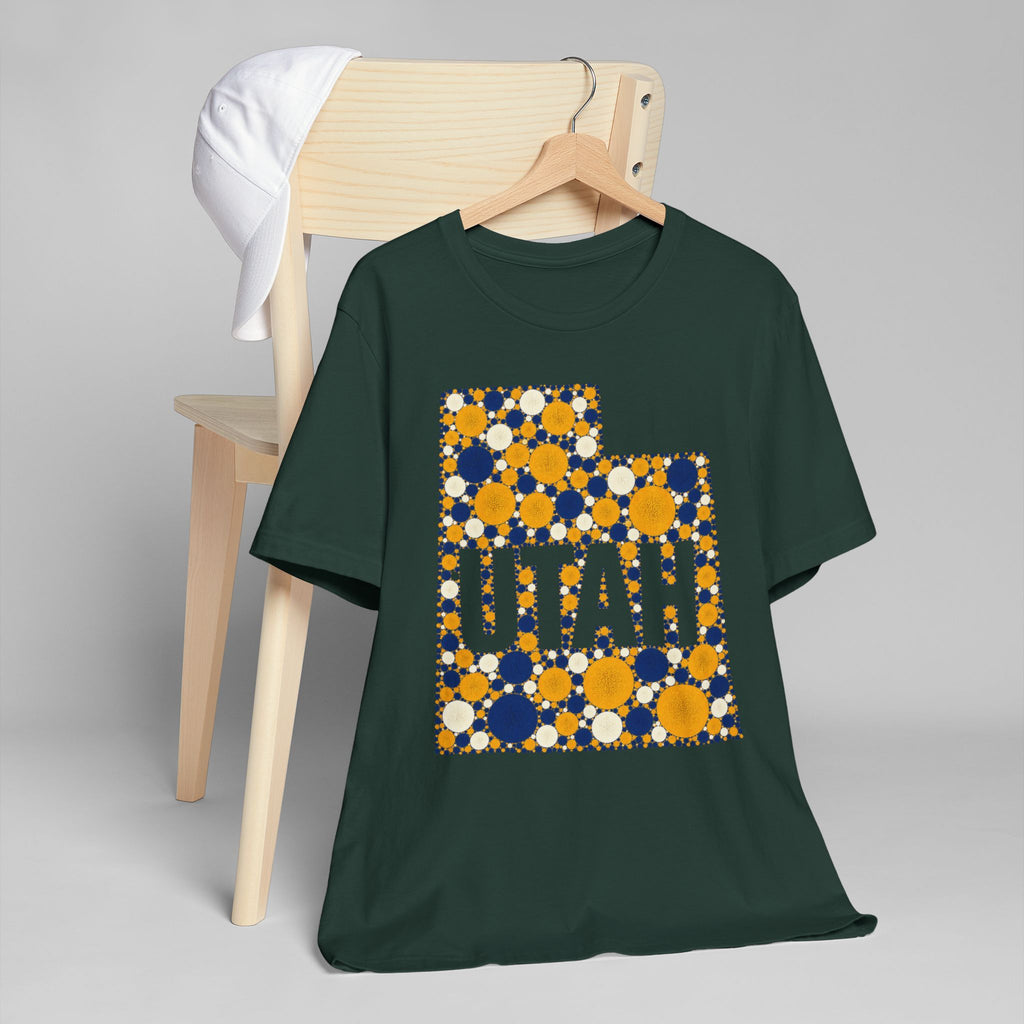 Dark green crew-neck T-shirt with multicolor polka dot UTAH graphic