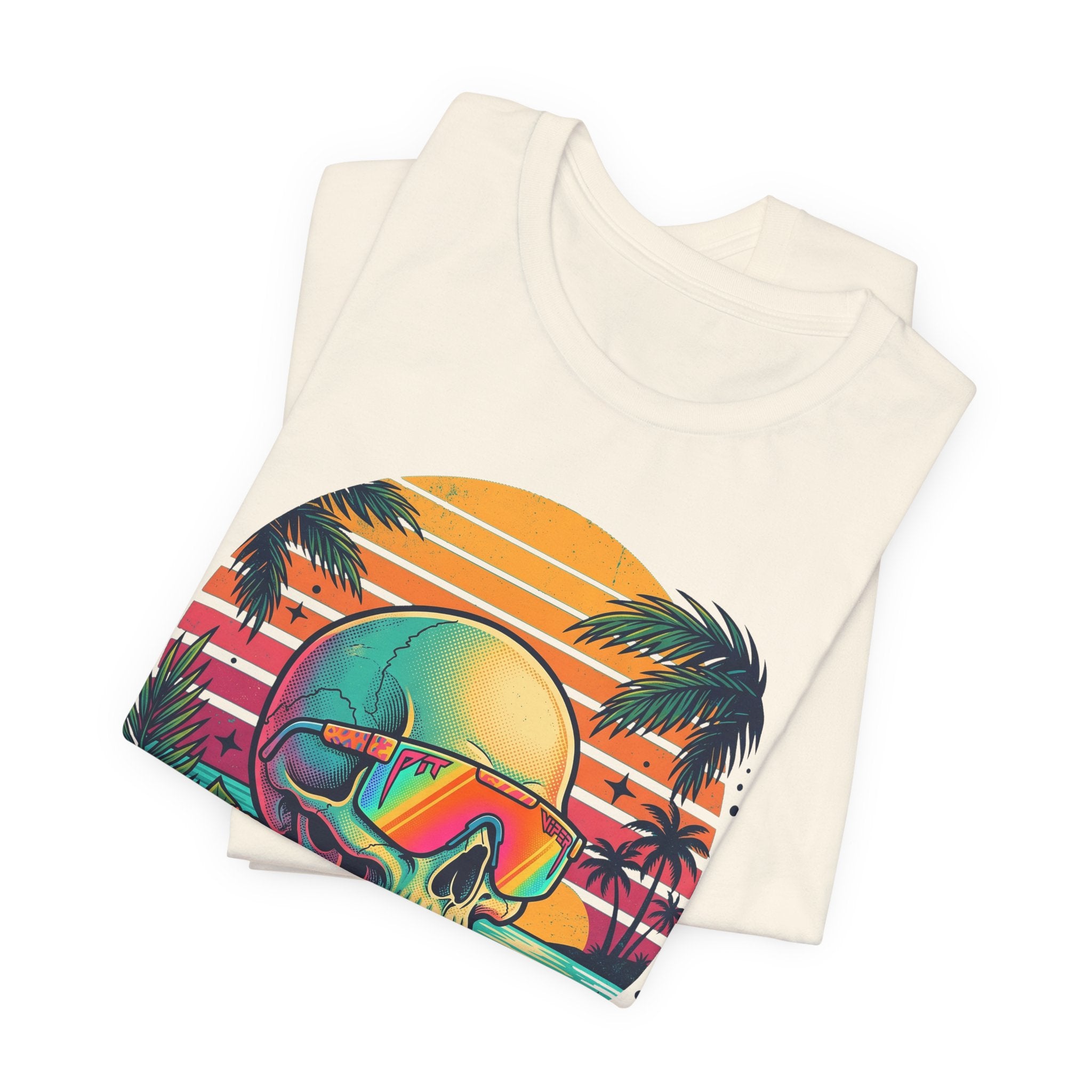 Natural T-shirt with tropical skull wearing sunglasses and palm sunset stripe graphic