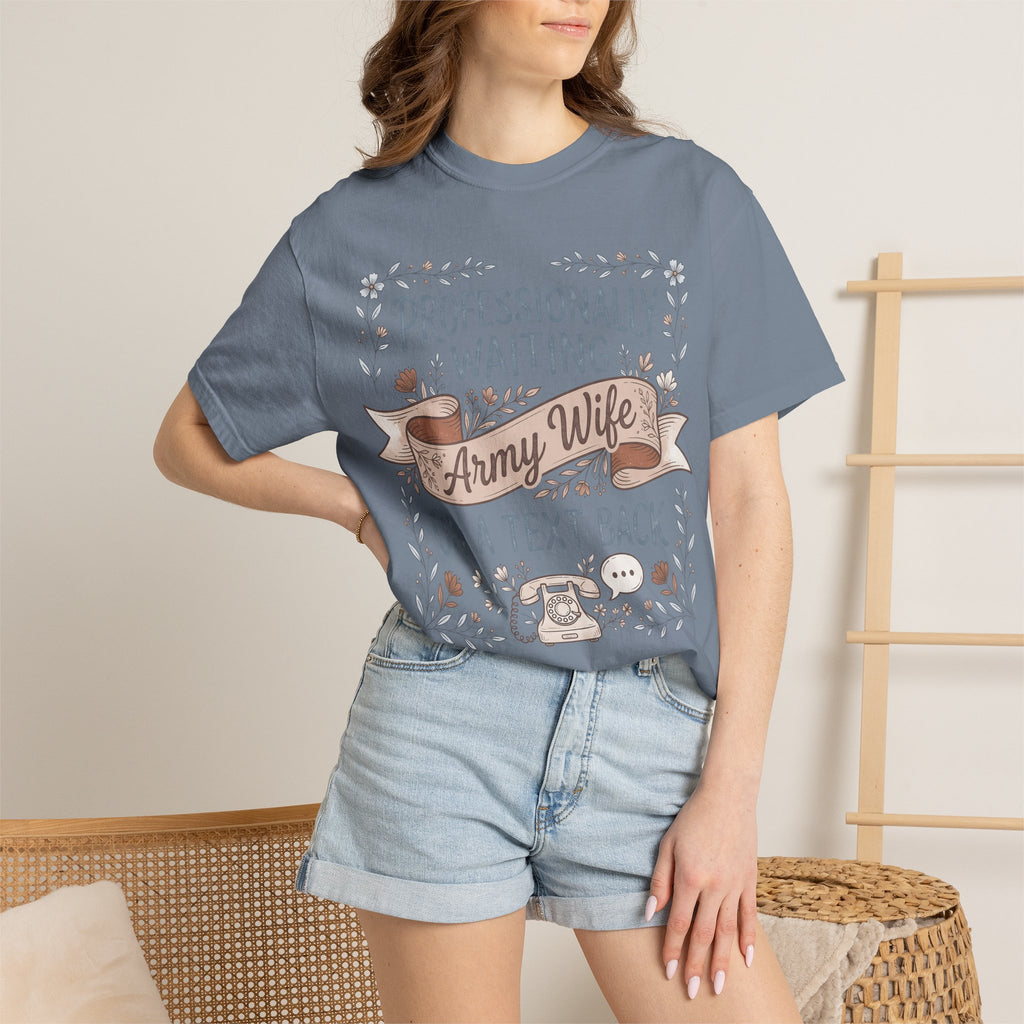 Slate blue crewneck graphic t-shirt with ribbon banner and floral text on front
