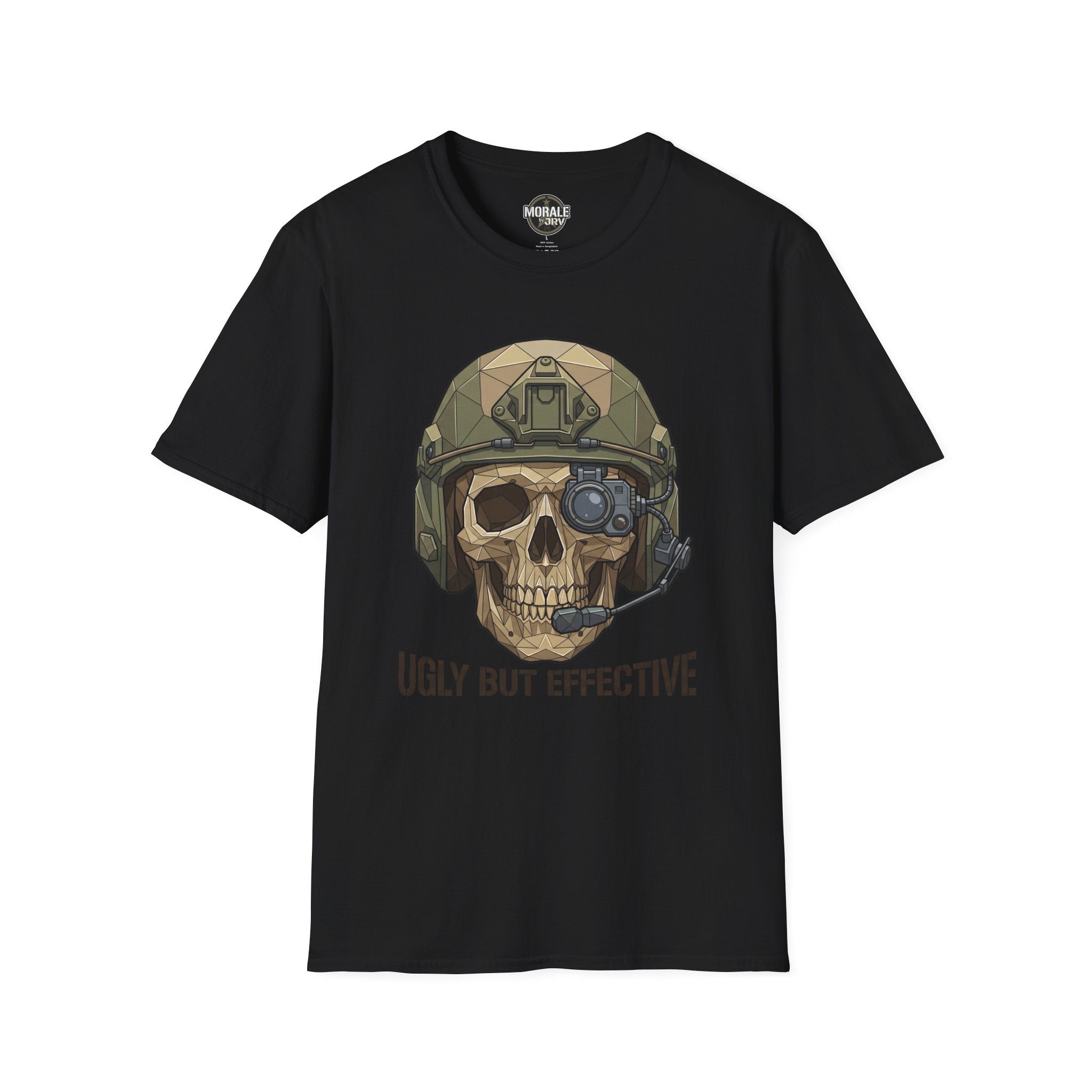 Schwarzes T-Shirt mit Totenkopf im taktischen Helm und „Ugly But Effective“ Schriftzug