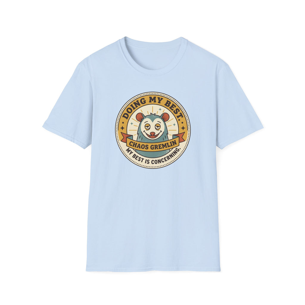 Light blue crew-neck T-shirt with round 'Doing My Best Chaos Gremlin' cartoon badge