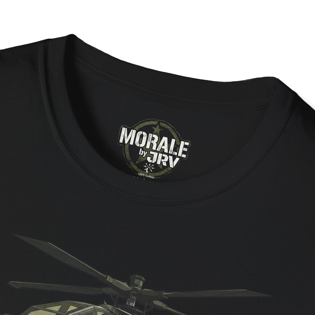 AH-64 Apache T-shirt black close-up of neck logo and top of helicopter print