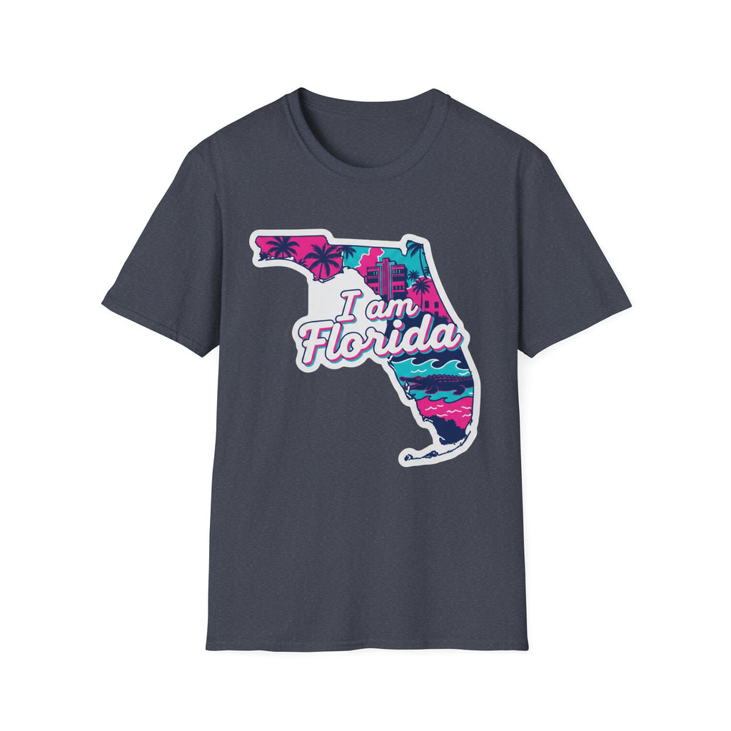 Florida T-Shirt „I am Florida“ Retro-Karte mit Palmen, Heather Navy