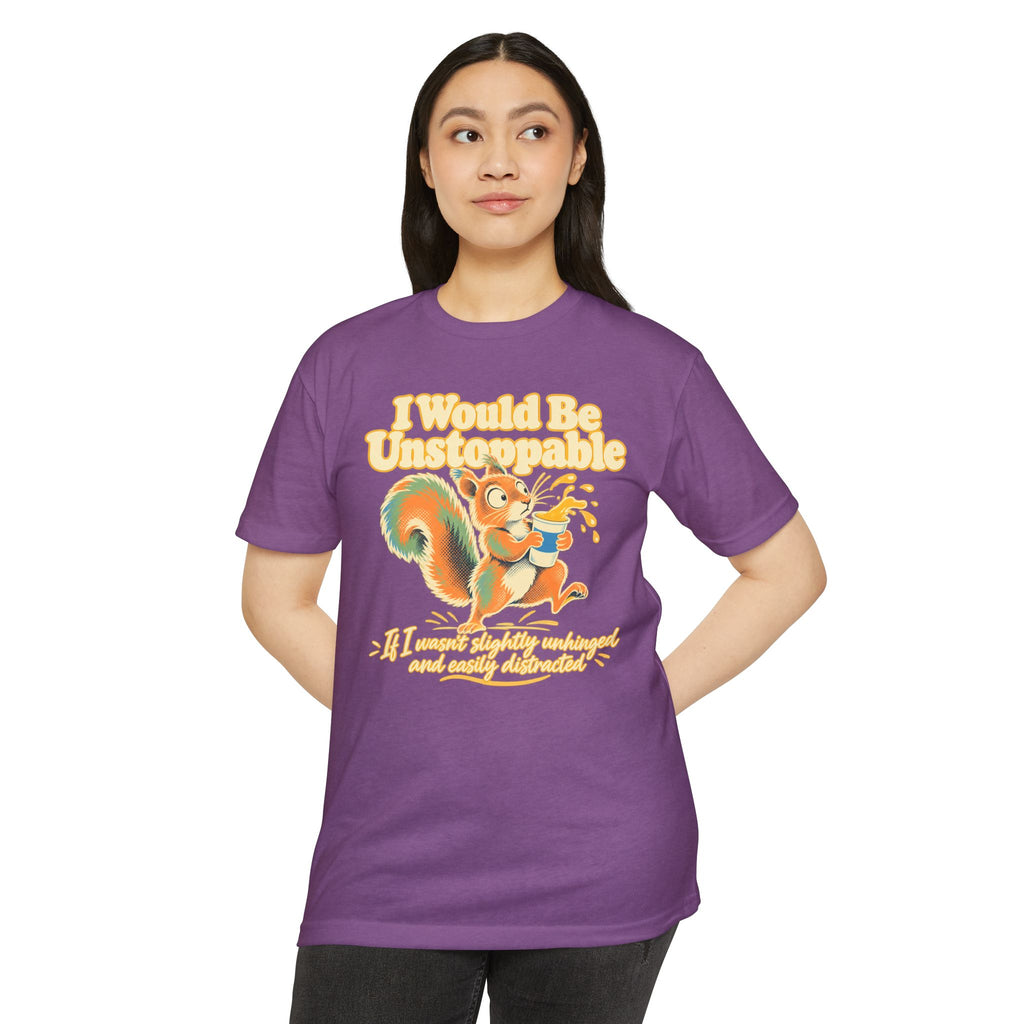 Purple crewneck T-shirt with squirrel graphic print on the front