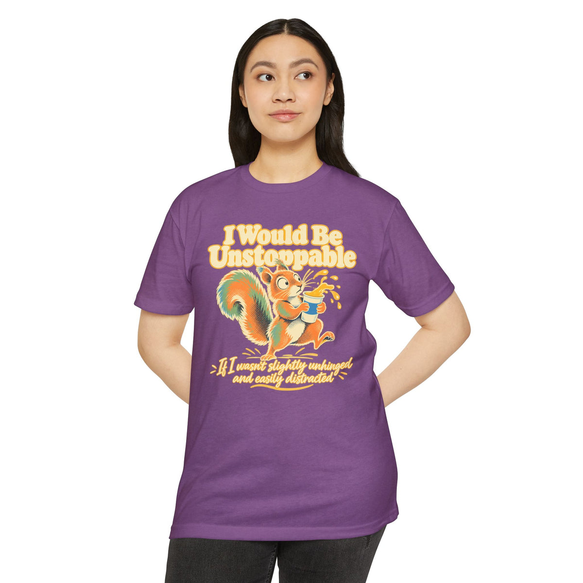 Purple crewneck T-shirt with squirrel graphic print on the front