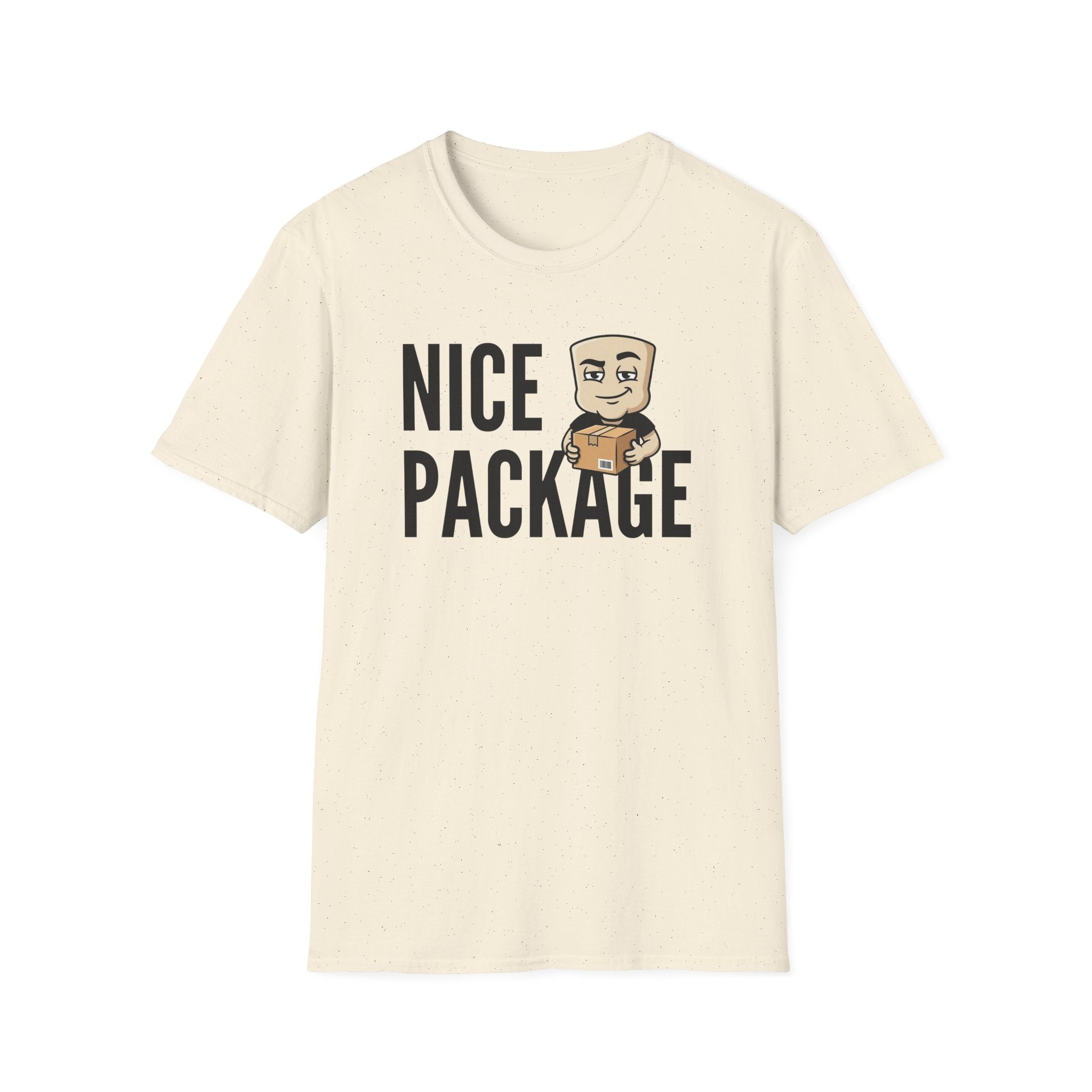 Natural/cream T-shirt with 'NICE PACKAGE' graphic of a delivery worker holding a box