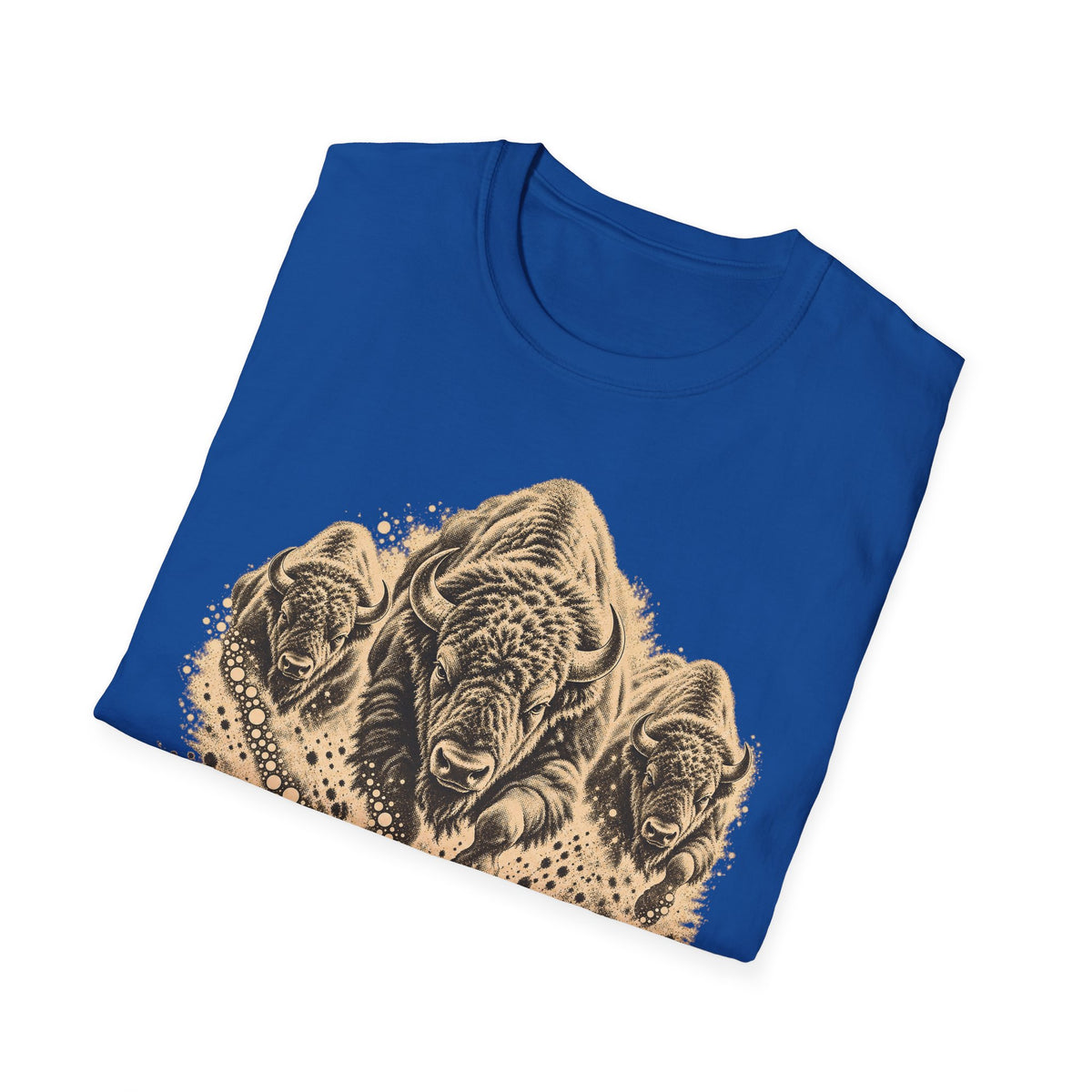 Royal blue crew-neck T-shirt with large tan charging bison herd graphic