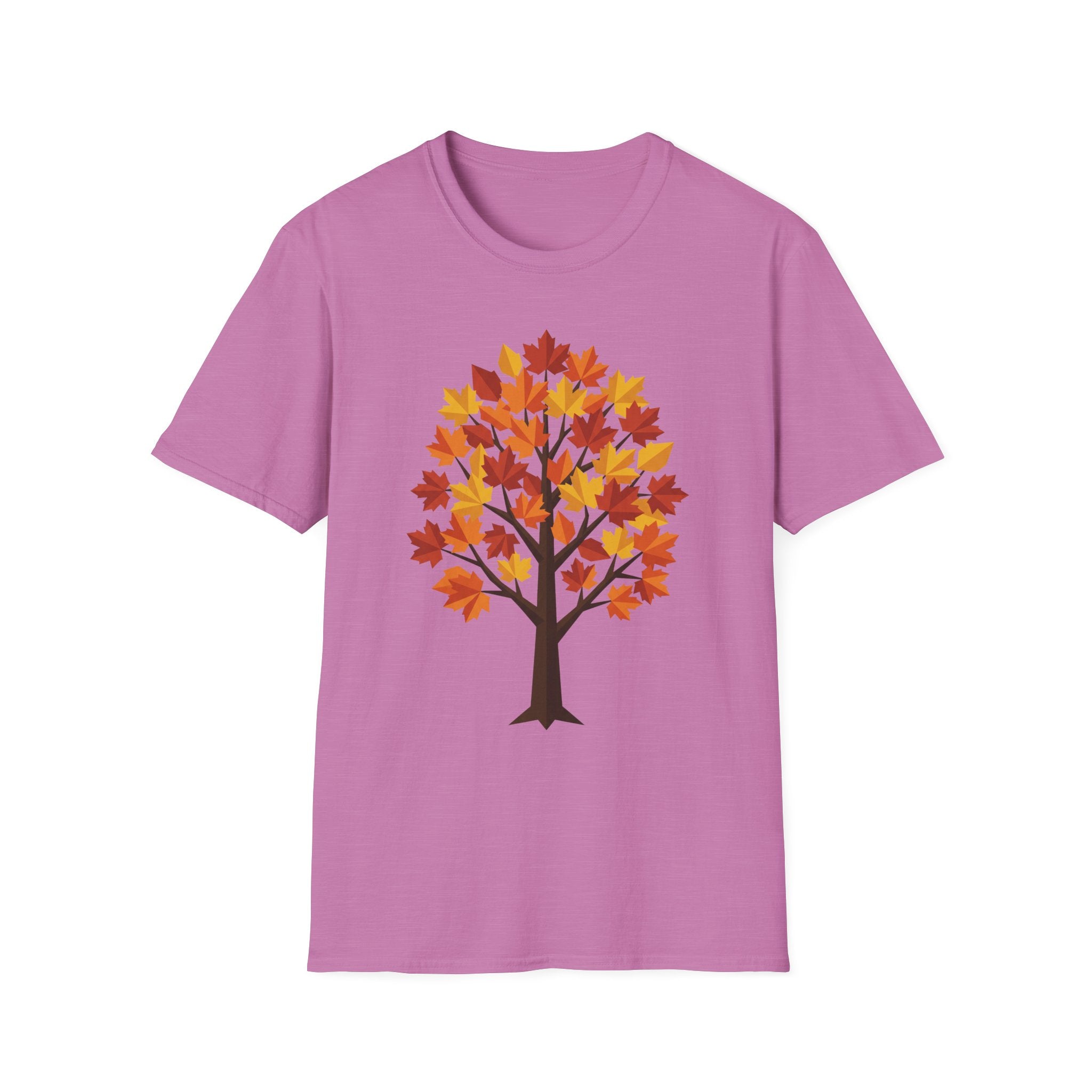Camiseta lila con árbol de arce otoñal y hojas de colores en el centro