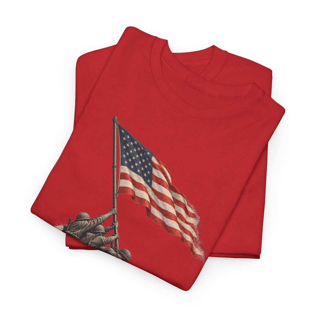 Red short-sleeve T-shirt with flag-raising graphic on the front