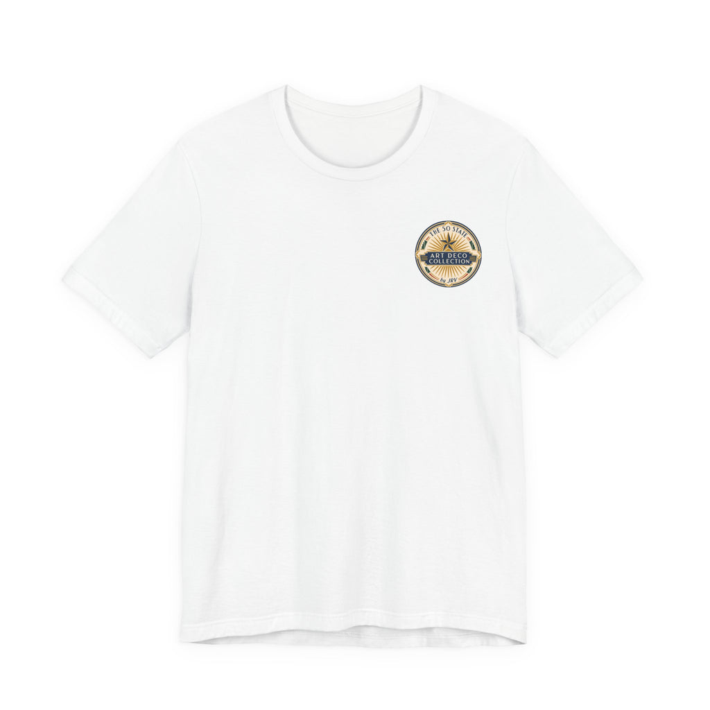 White T-shirt with small circular logo on left chest