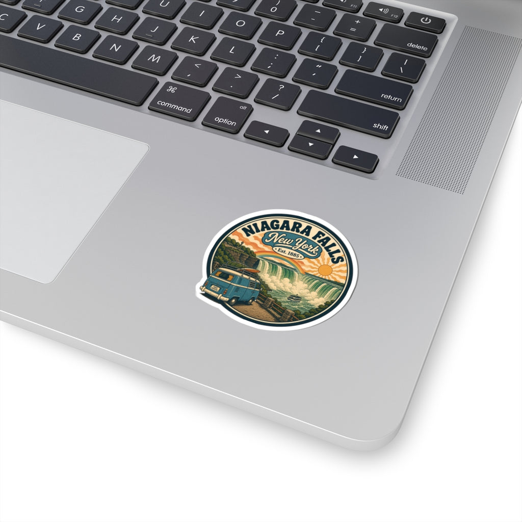 Round Niagara Falls vintage sticker with camper van and waterfall, white border