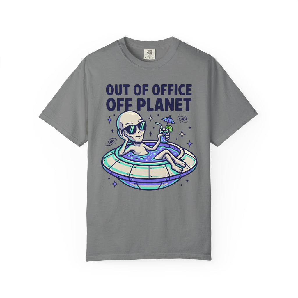 Gray alien floatie T-shirt with “OUT OF OFFICE OFF PLANET” graphic on front