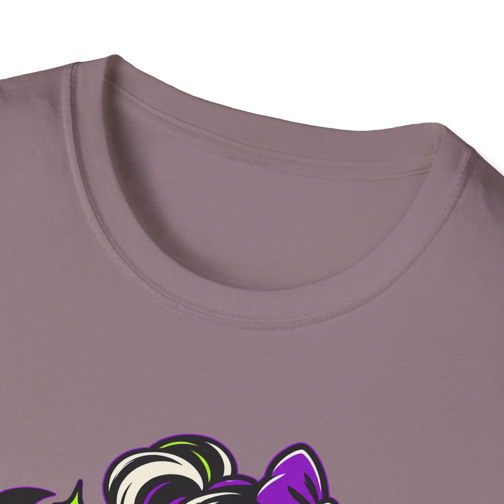 Mauve Halloween t-shirt neckline close-up with partial monster graphic at bottom