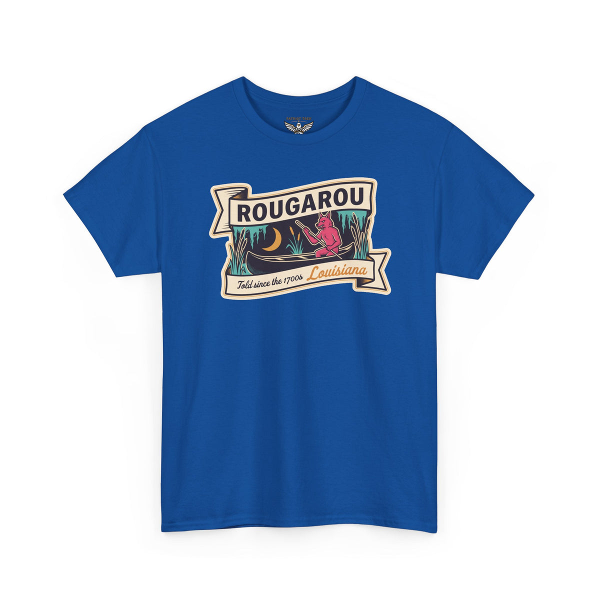 Royal blue T-shirt with Rougarou vintage travel patch graphic on the front