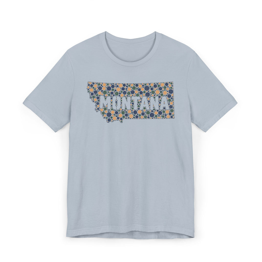 Light blue crewneck T-shirt with colorful Montana outline graphic on the chest