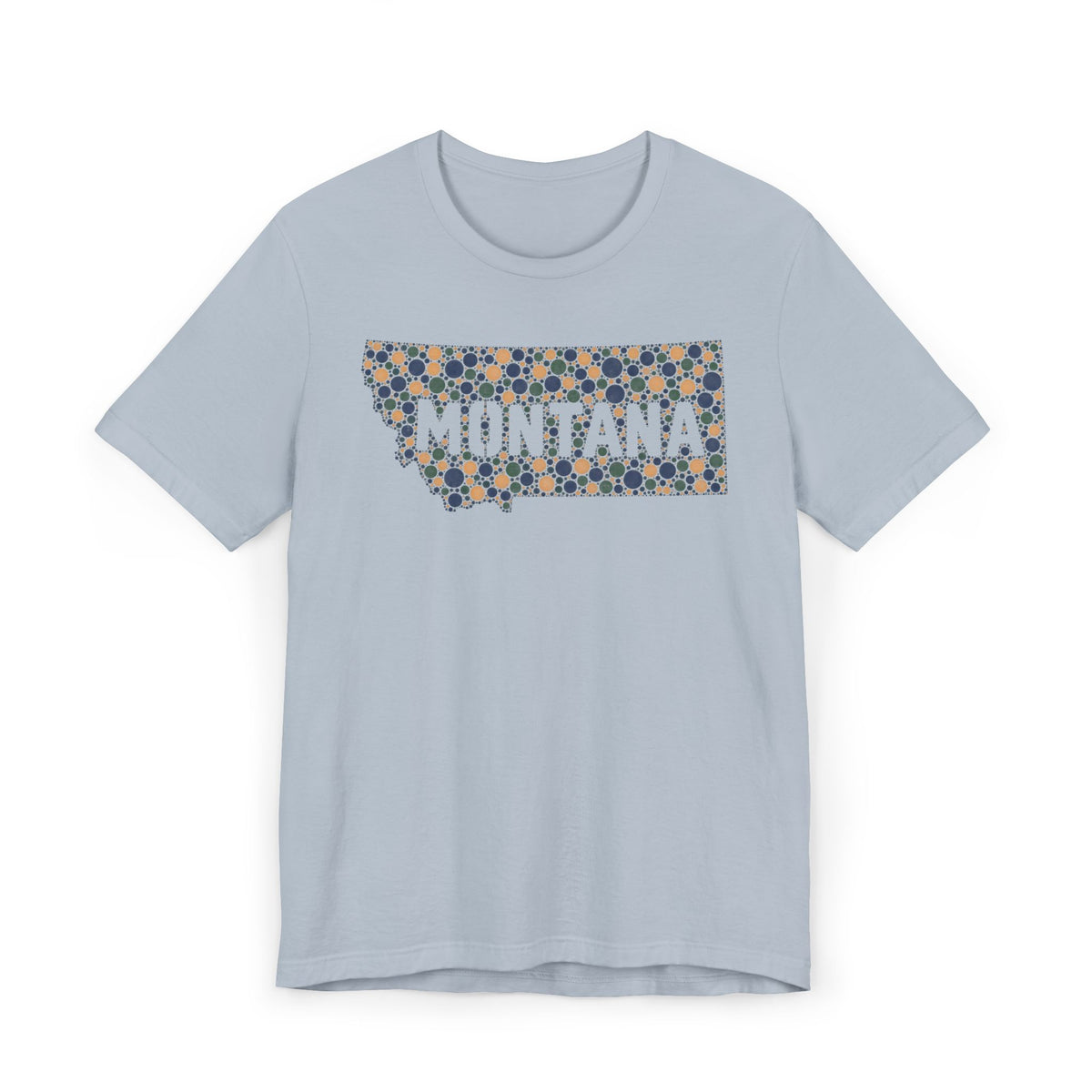 Light blue crewneck T-shirt with colorful Montana outline graphic on the chest