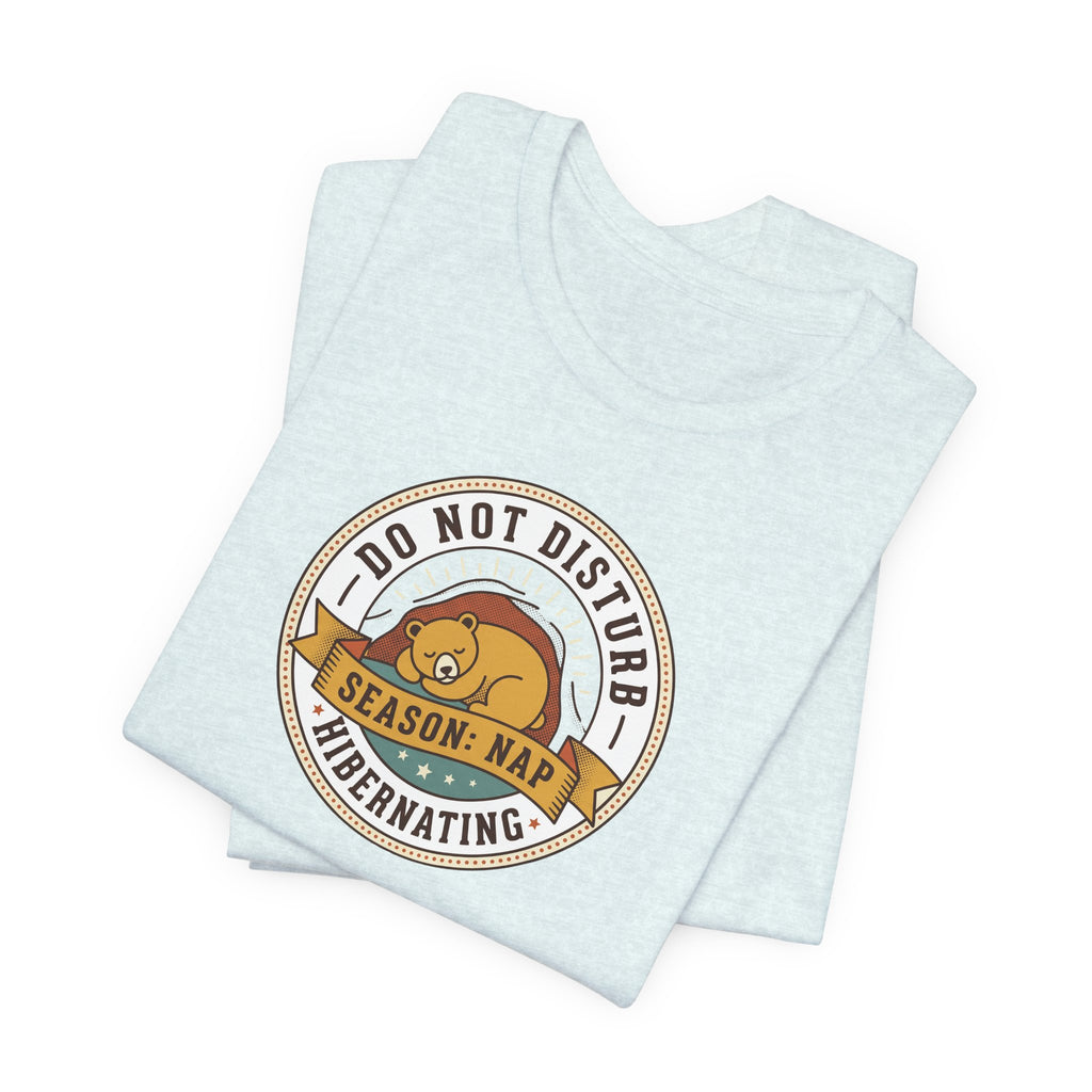 Do Not Disturb hibernating bear T-shirt, light blue heather with circular bear graphic
