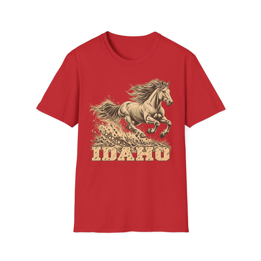 Red T-shirt with golden running horse graphic and Idaho text