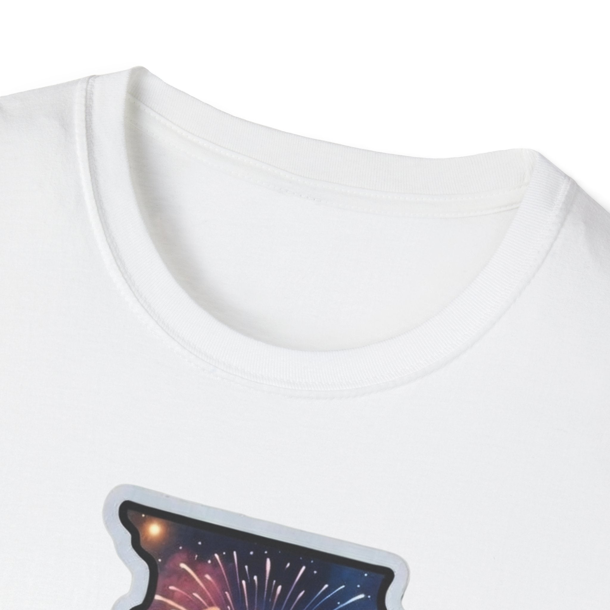 White T-shirt collar close-up with partial Illinois fireworks city graphic