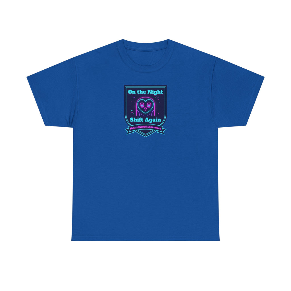 Royal blue crew-neck T-shirt with night shift slogan graphic on chest