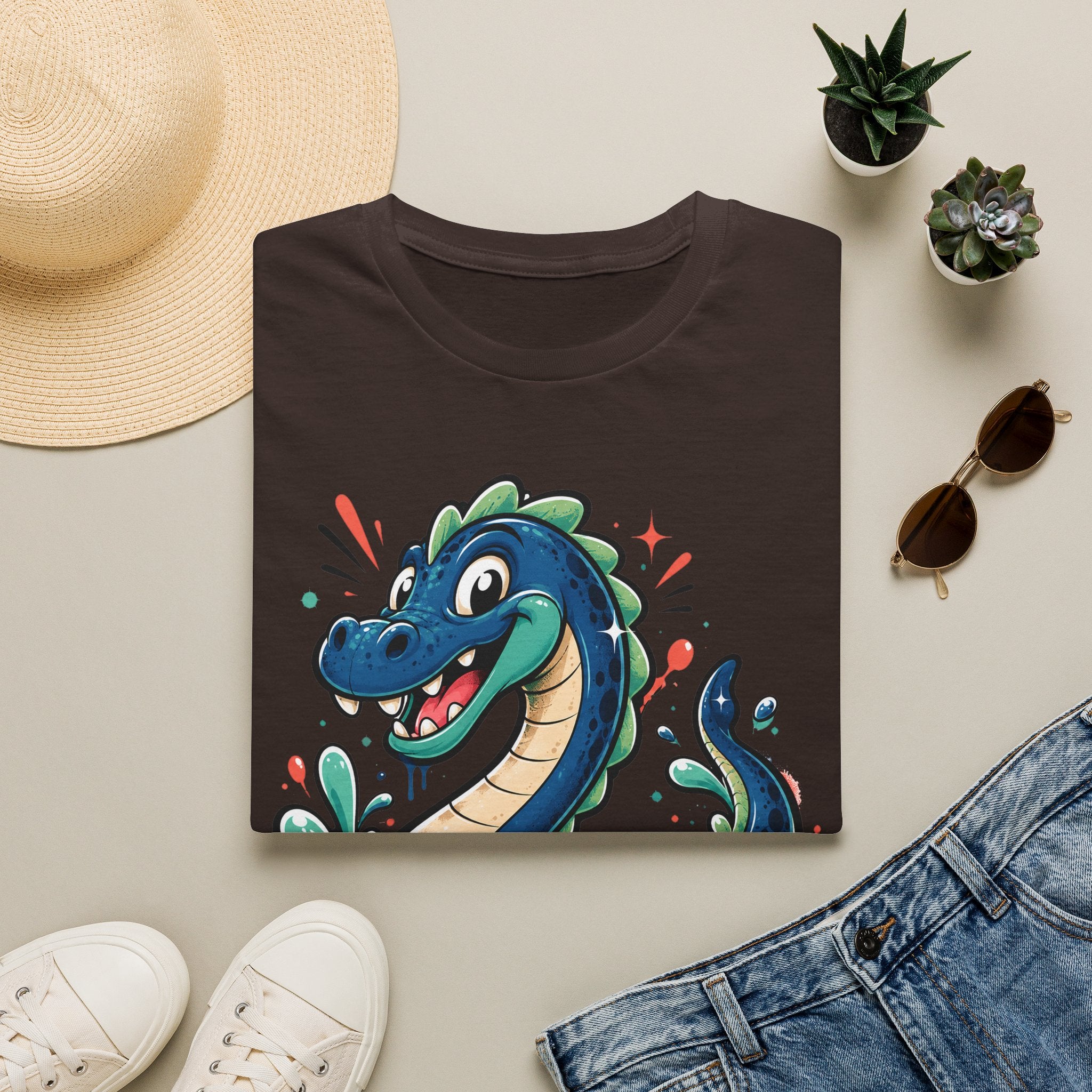 Dark brown sea serpent graphic T-shirt with colorful cartoon lake monster on front