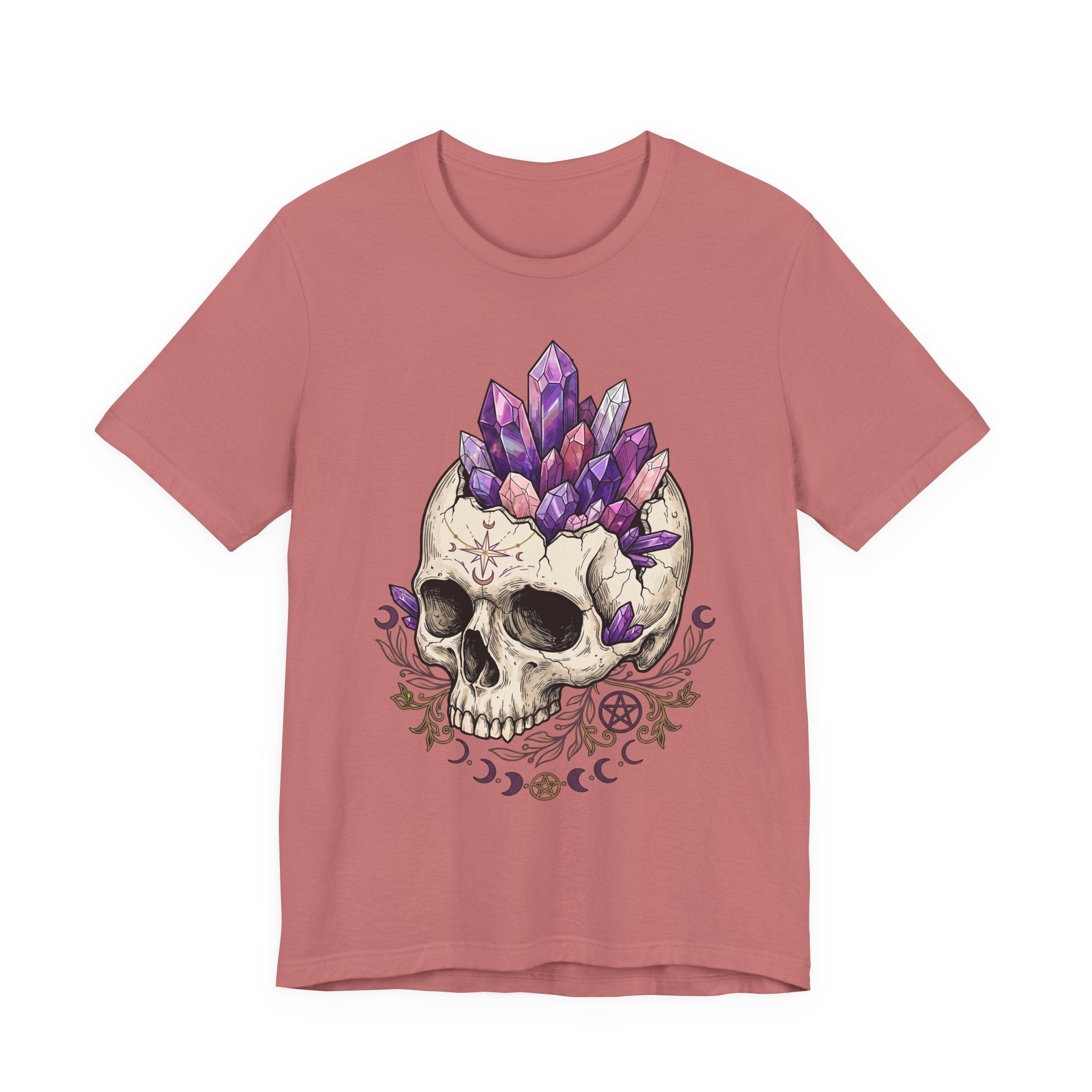 Maroon unisex T-shirt with purple amethyst crystal skull and occult symbols