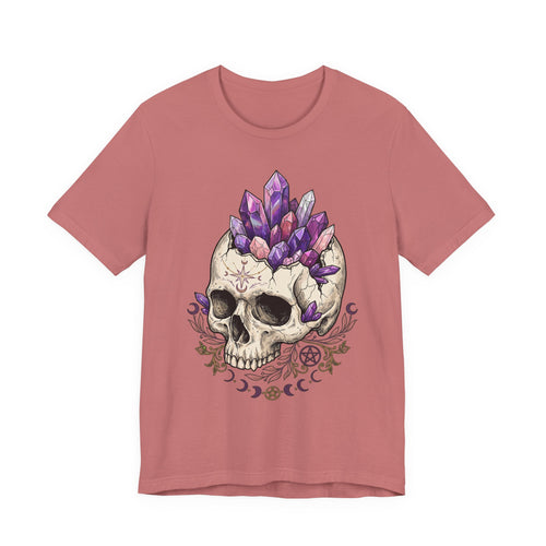 Maroon unisex T-shirt with purple amethyst crystal skull and occult symbols