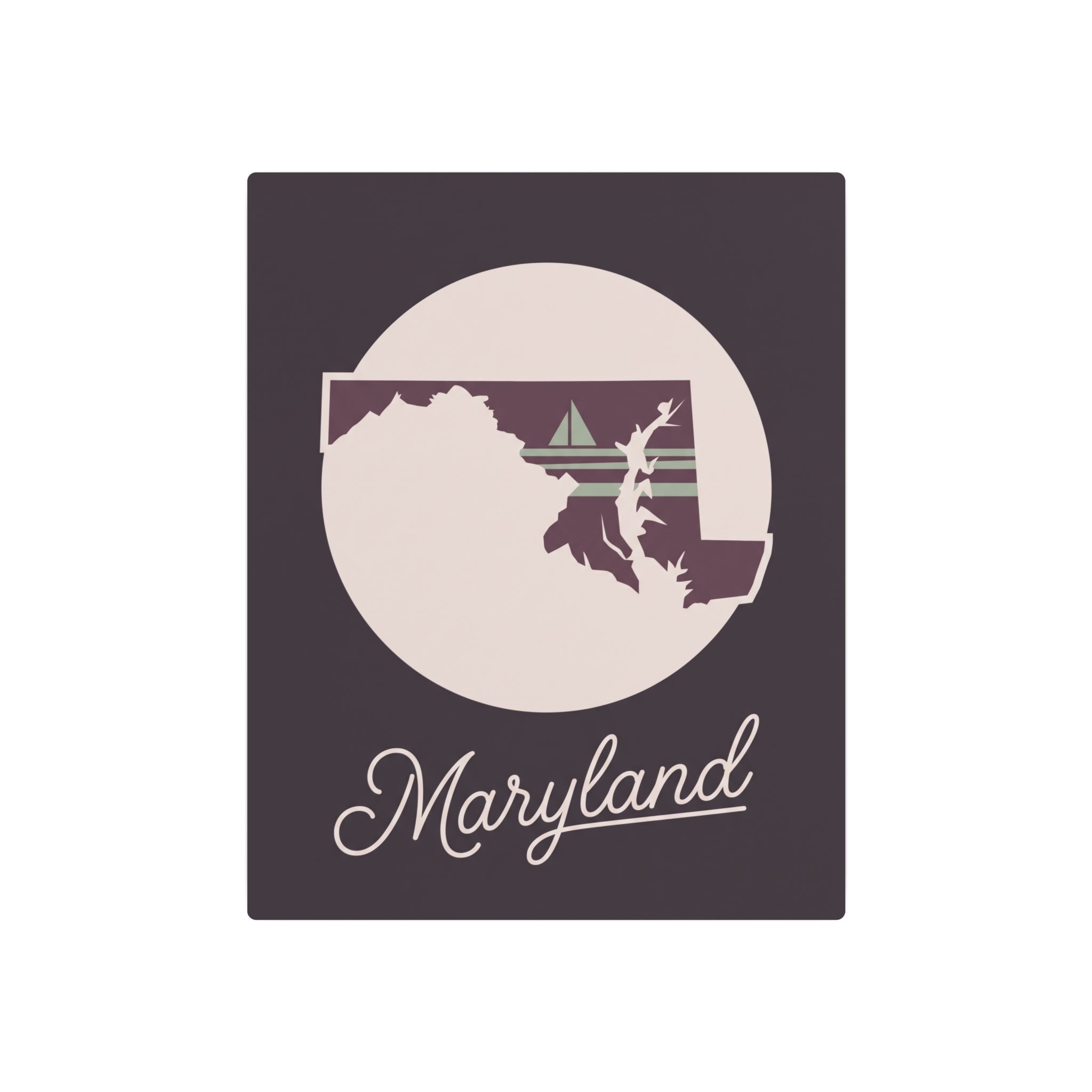 Square dark purple Maryland metal wall art with circular state silhouette and cursive 'Maryland'