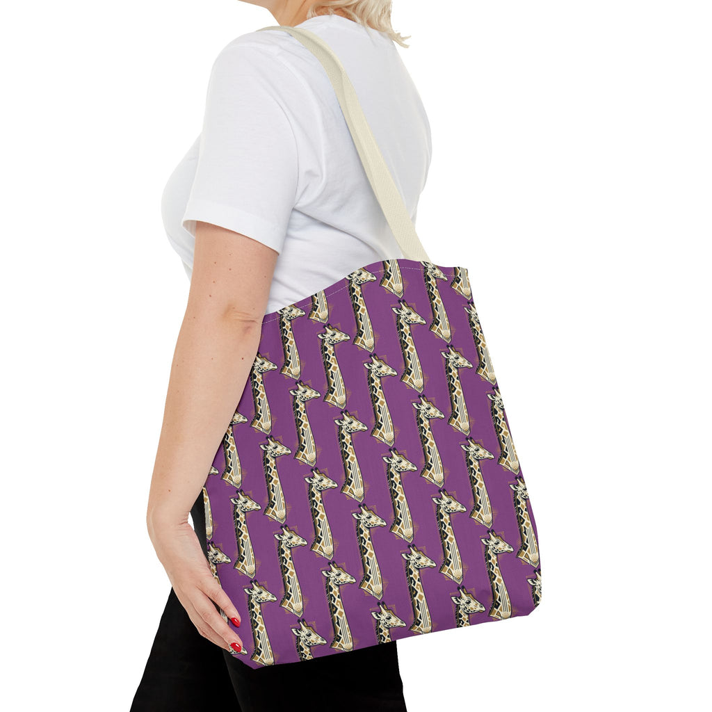 Purple tote bag with repeating saxophone pattern and light strap, worn side