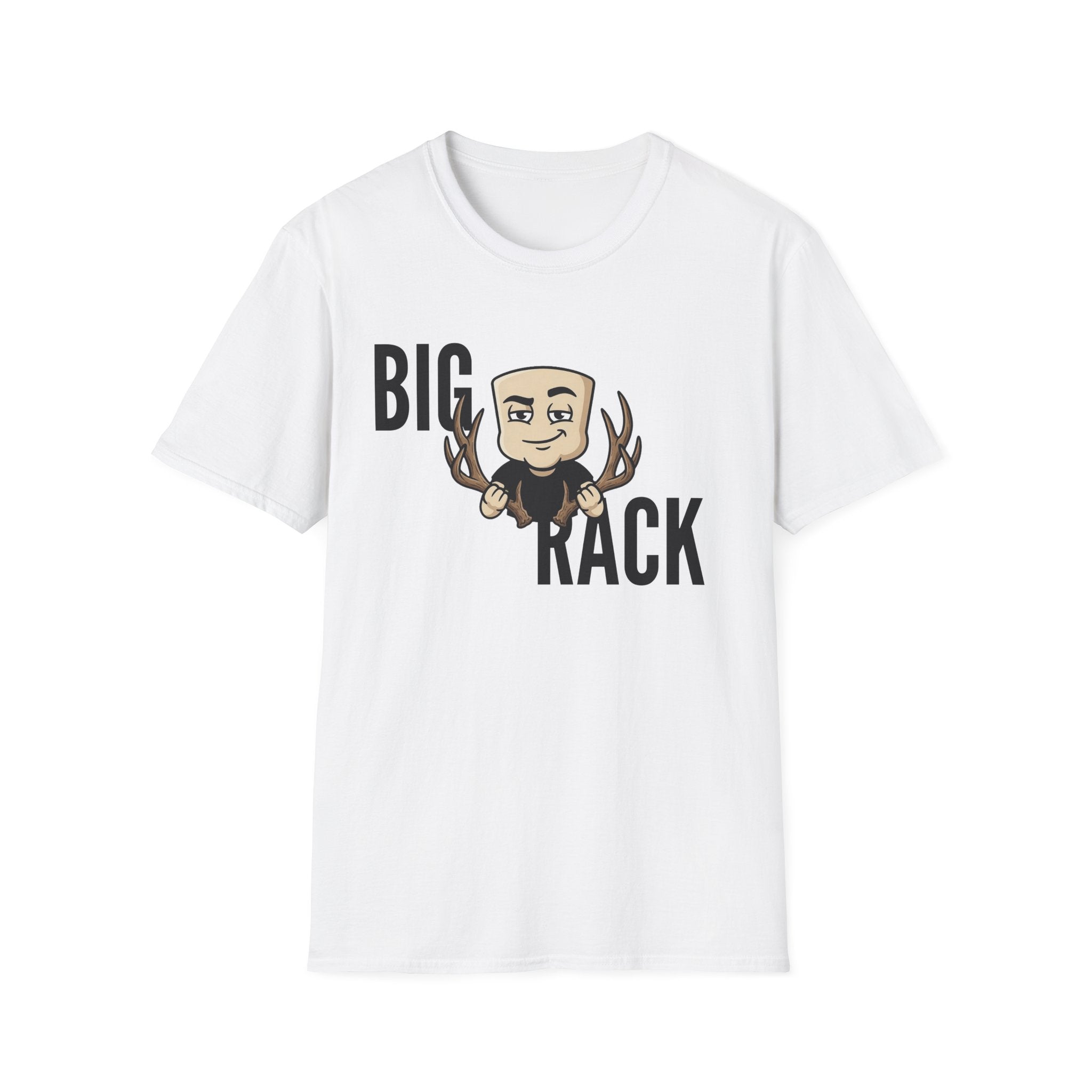 White T-shirt with "BIG" "KACK" cartoon hunter and antler graphic