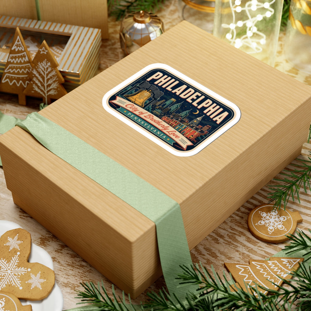 Retro luggage tag sticker with Philadelphia skyline scene and "City of Brotherly Love" text