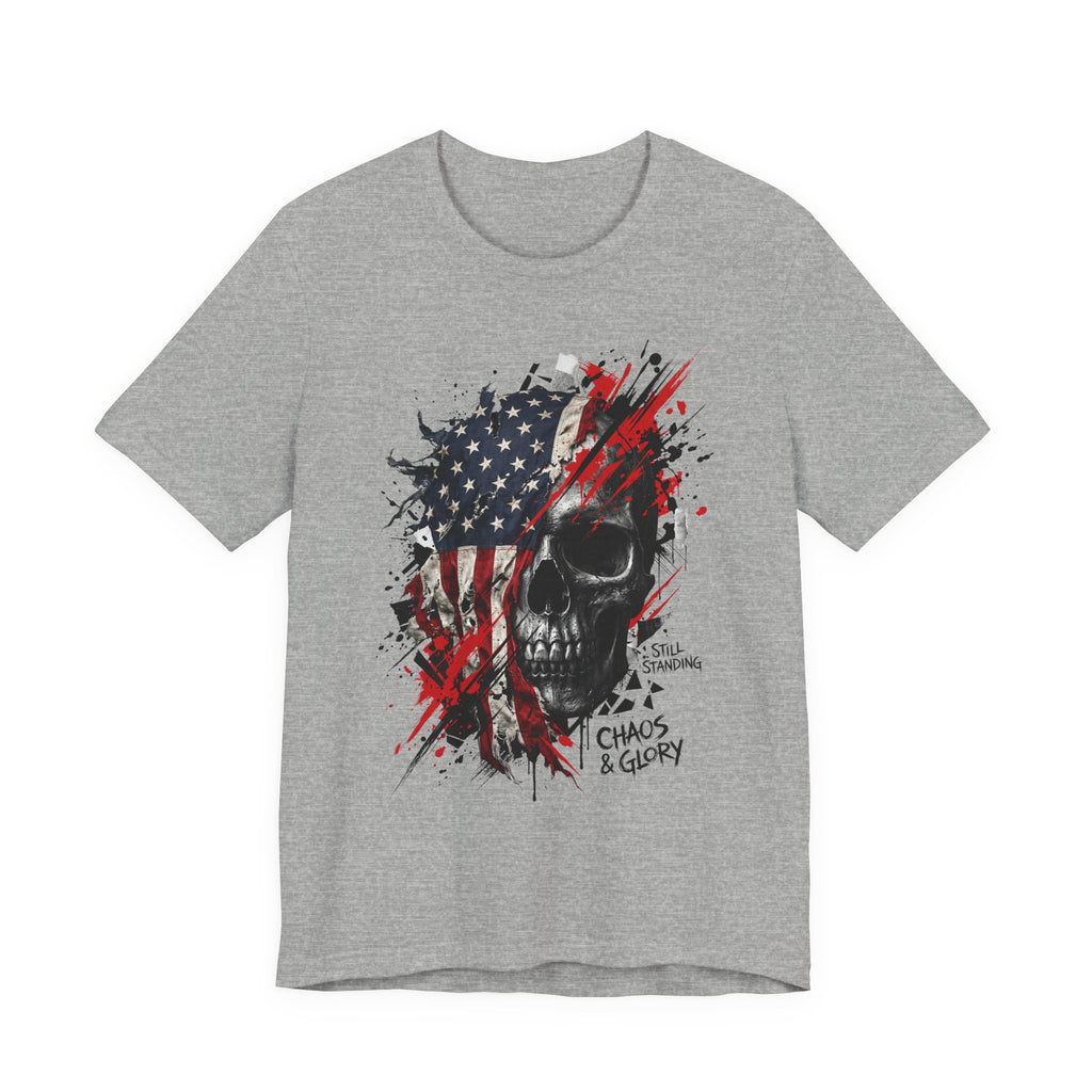Dark grey skull graphic T-shirt with American flag panel, red splatter, Chaos & Glory print