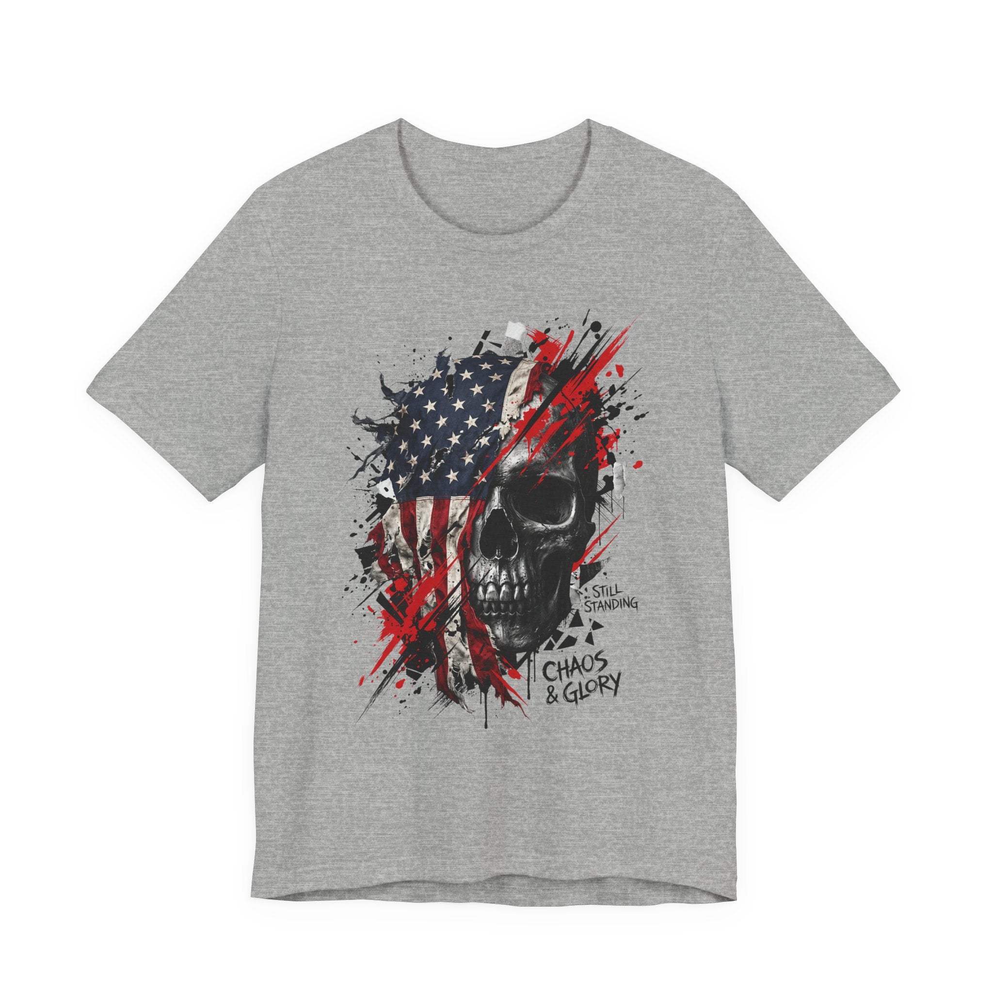 Dark grey skull graphic T-shirt with American flag panel, red splatter, Chaos & Glory print