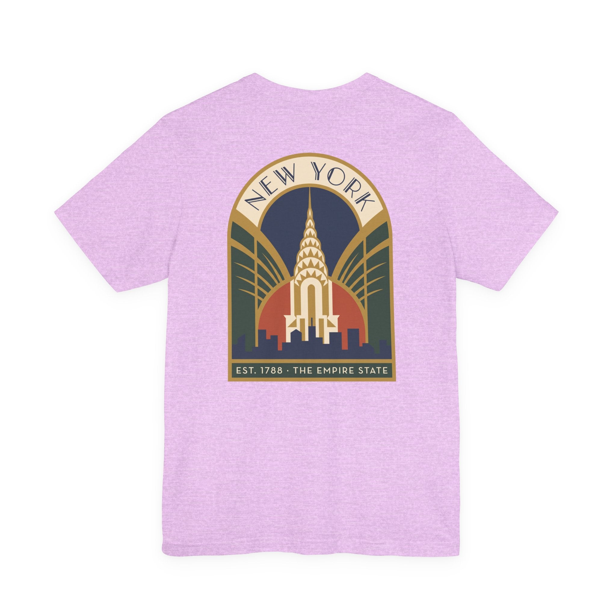 Lavender T-shirt with Art Deco New York skyline emblem graphic, arched text
