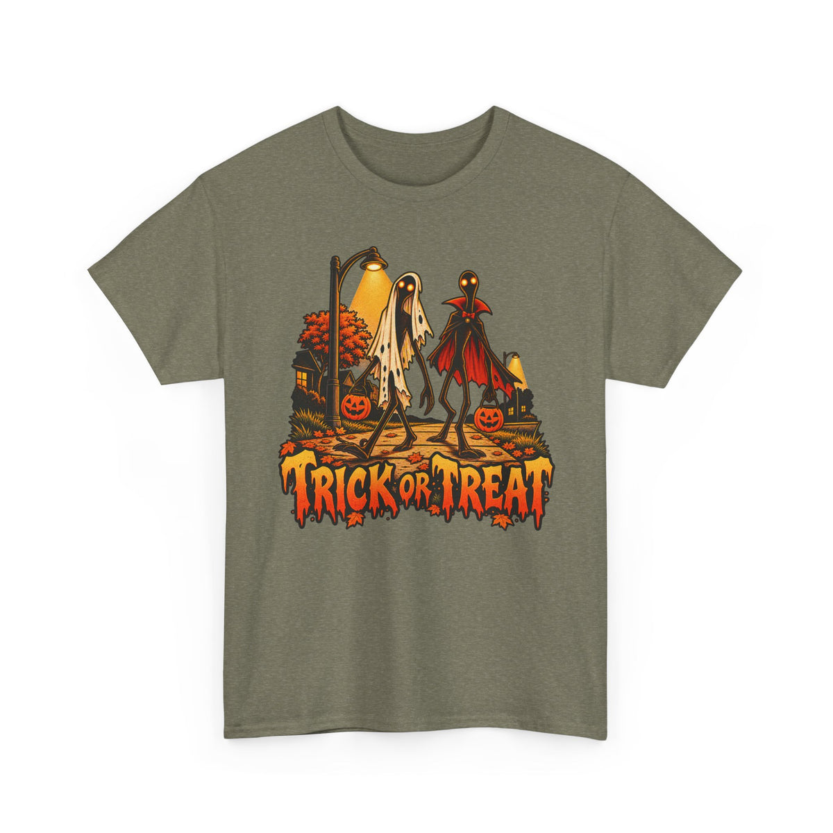 Green Halloween T-shirt with ghost, vampire and 'Trick or Treat' front graphic