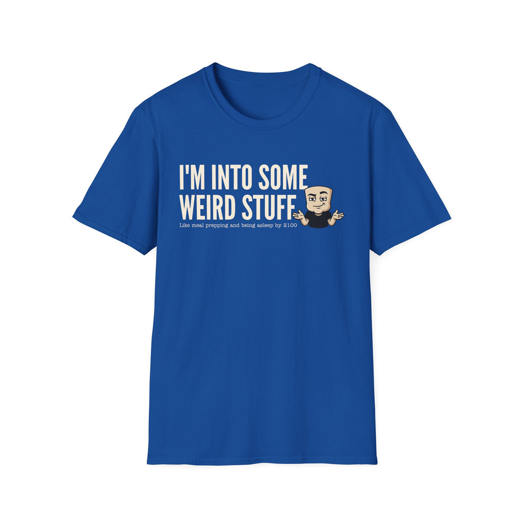 Royal blue T-shirt with 'I'm into some weird stuff' front graphic and cartoon character