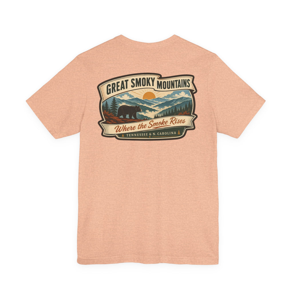 Peach crew-neck T-shirt with Great Smoky Mountains retro landscape back print