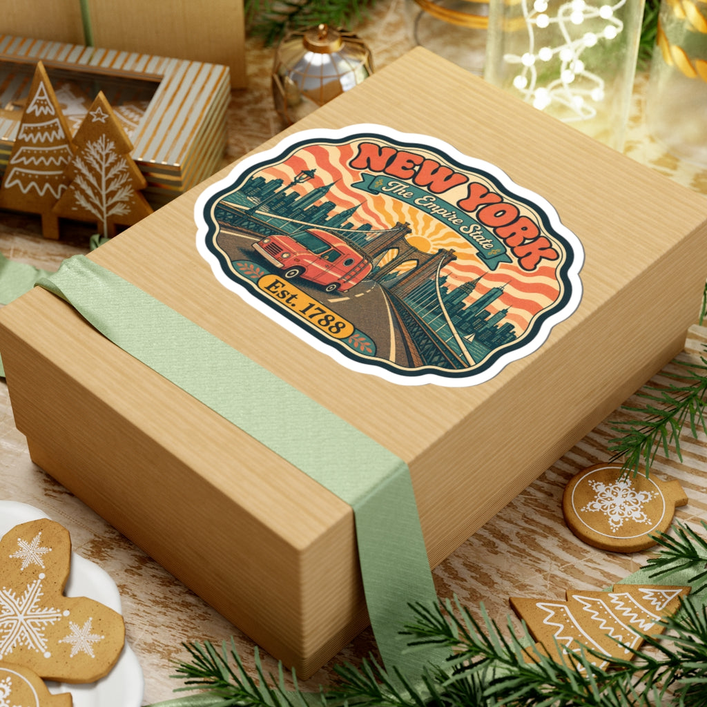 New York travel kiss-cut sticker on gift box with red van, bridge skyline and “Est. 1788”