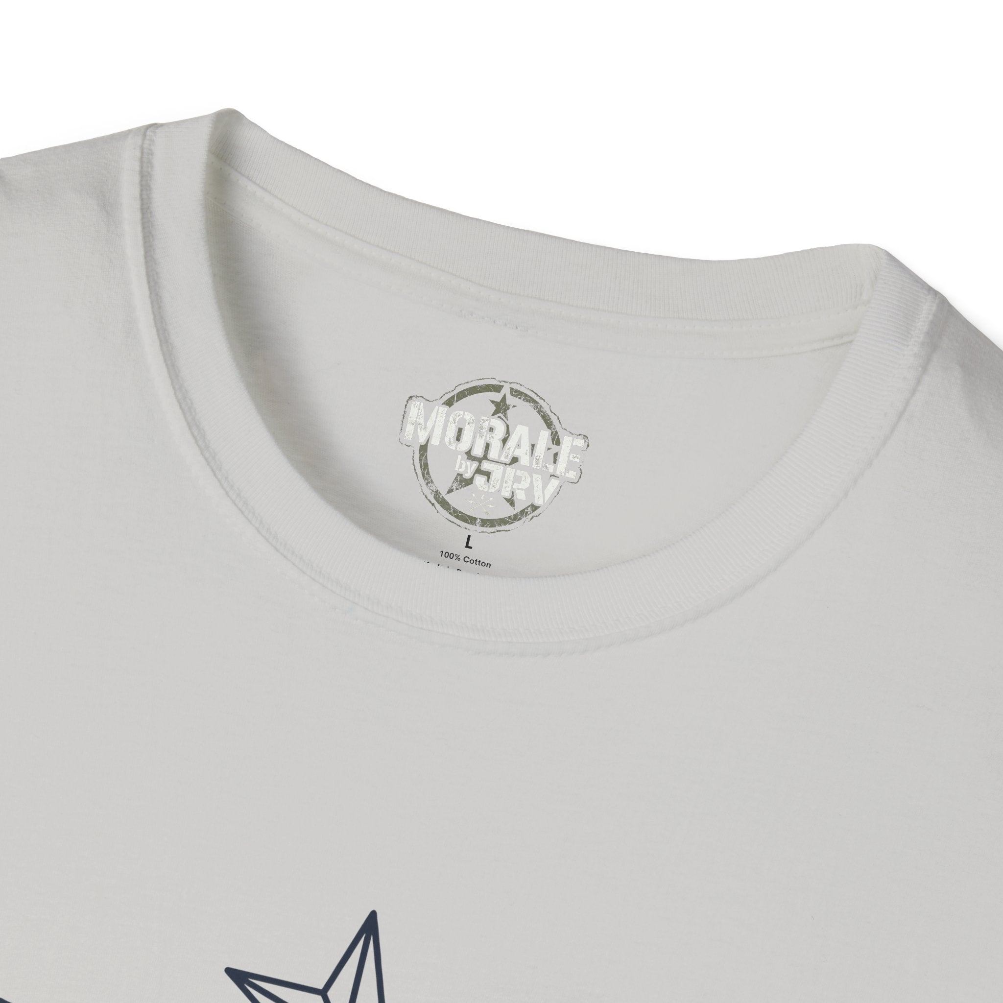 Light gray t-shirt neckline with small chest logo patch